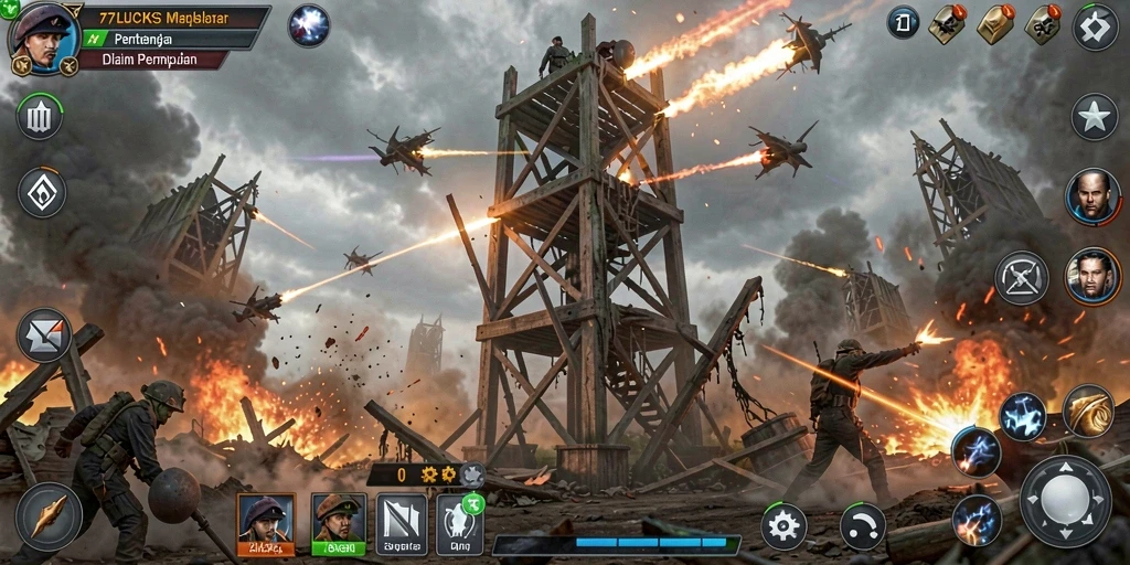 Gameplay menegangkan dalam 77LUCKS saat pertahanan menara berlangsung.