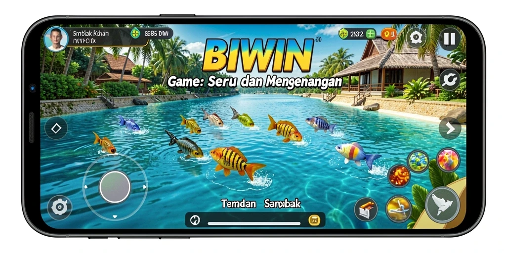 Gameplay seru BIWIN dengan berbagai ikan menunggu untuk ditangkap.