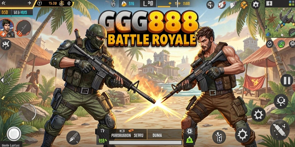 Screenshot utama GGG888 menampilkan aksi mendebarkan dalam pertandingan Battle Royale.