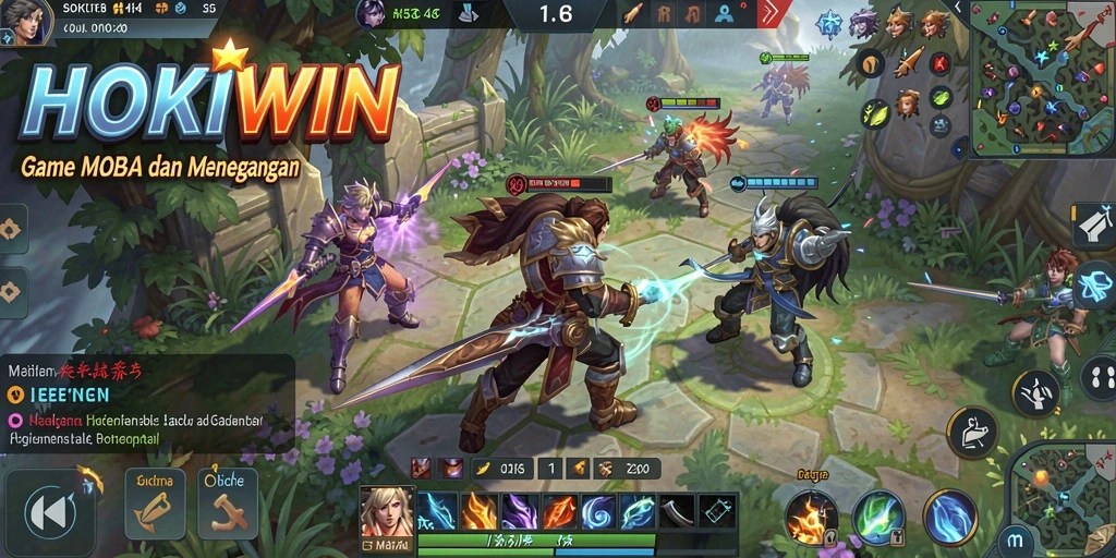 Gameplay HOKIWIN yang menampilkan pertarungan seru tim di arena.