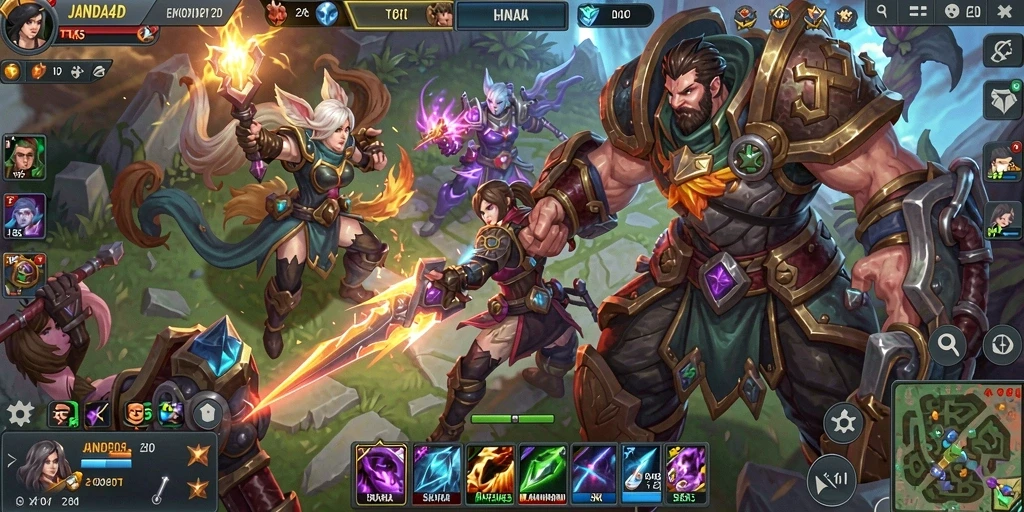 Screenshot gameplay JANDA4D menampilkan aksi seru dalam pertempuran MOBA.