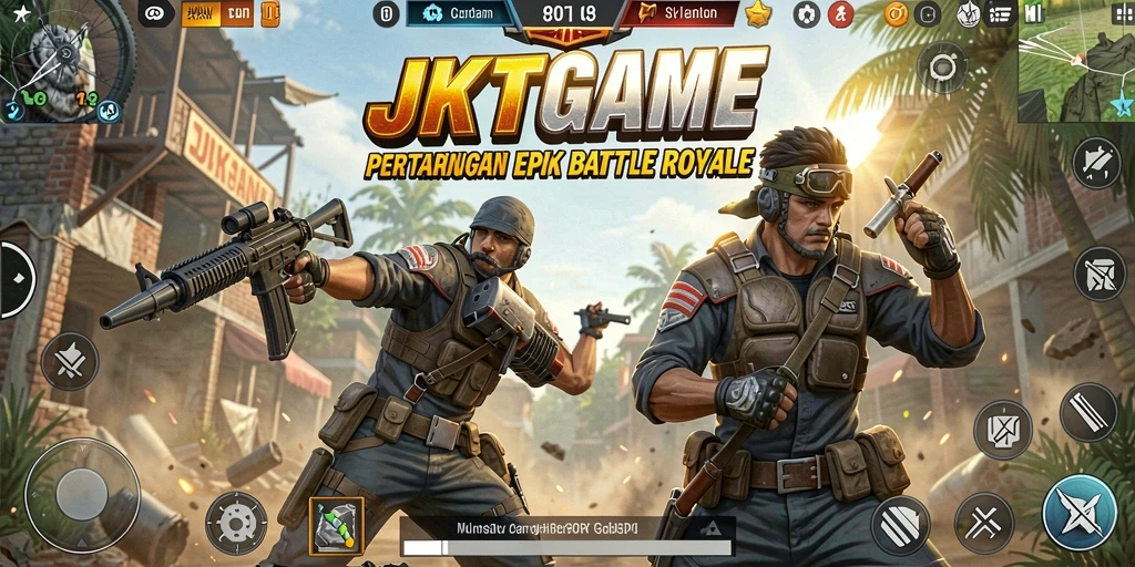 Screenshot utama JKTGAME menampilkan pertempuran intens dalam mode Battle Royale.