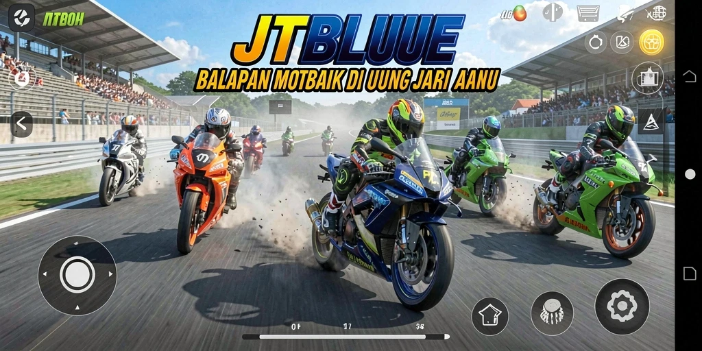 Screenshot JTBLUE menampilkan aksi balap motor yang mendebarkan.