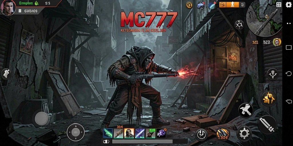 Screenshot gameplay MC777 menampilkan suasana horror yang mencekam.