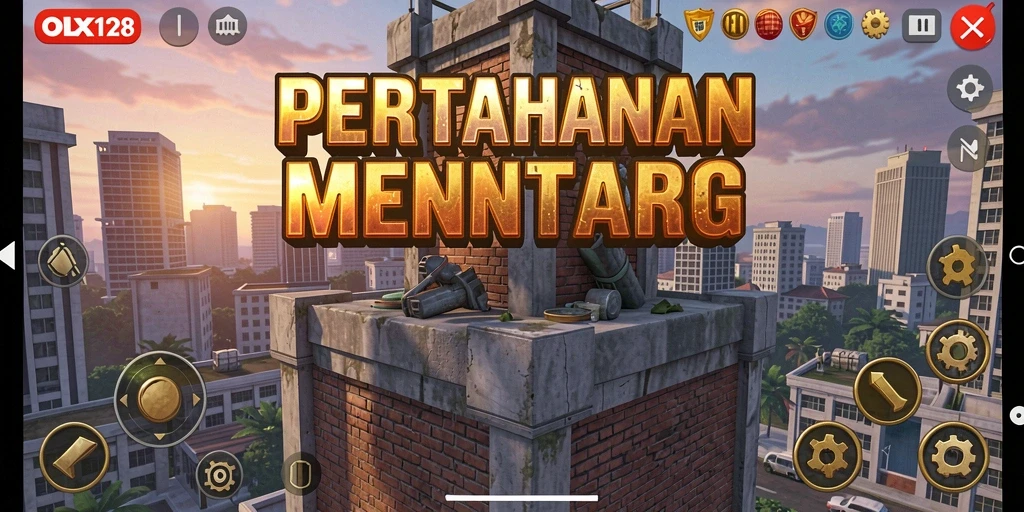 Tampilan gameplay OLX128 saat melawan gelombang musuh di menara pertahanan.