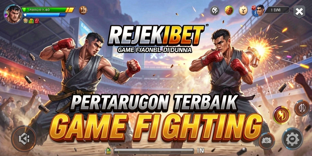 Screenshot utama REJEKIBET menampilkan karakter bertarung intens.