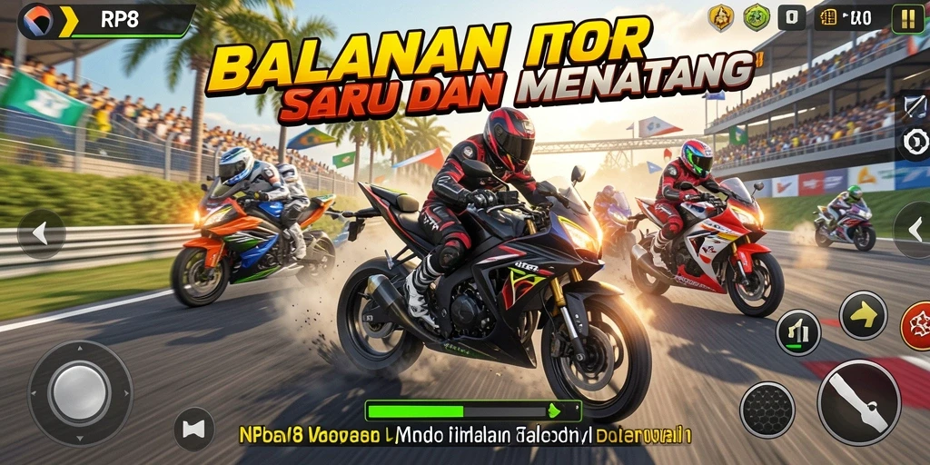 Screenshot utama RP8 menampilkan aksi balapan motor yang mendebarkan.