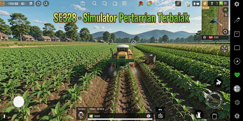 Tangkapan layar dari gameplay SE328 yang menunjukkan pertanian yang subur.