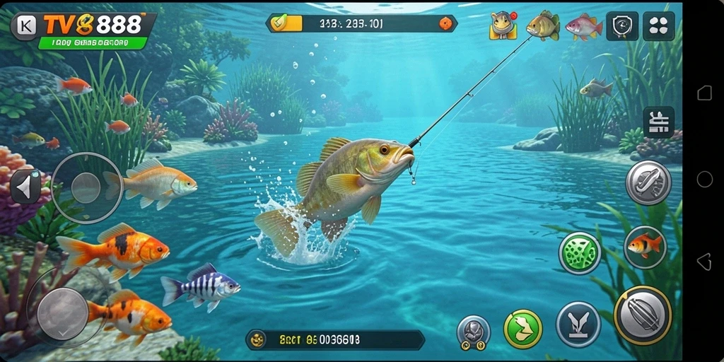 Screenshot gameplay TV888 menunjukkan pemain memancing di laut yang cerah.