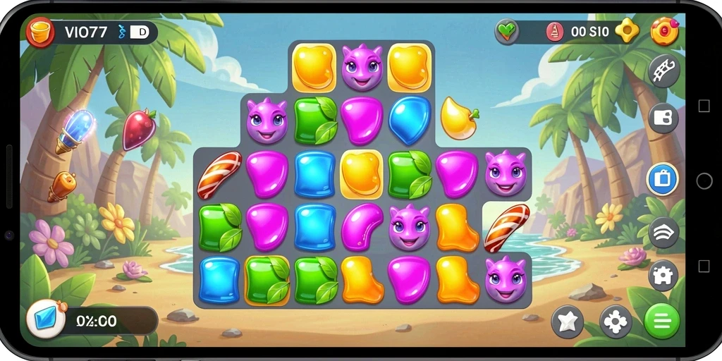 Screenshot gameplay VIO77 menampilkan pengalaman Match-3 yang mendebarkan.